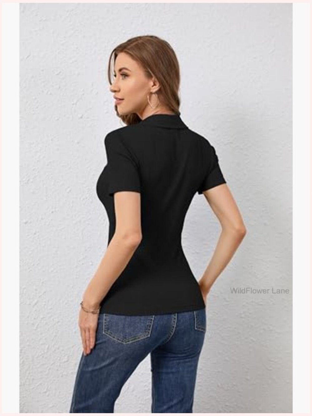 Ribbed Knit Polo V Neck Button Down Fitted Short Sleeve Blouse - Picture 2 of 6